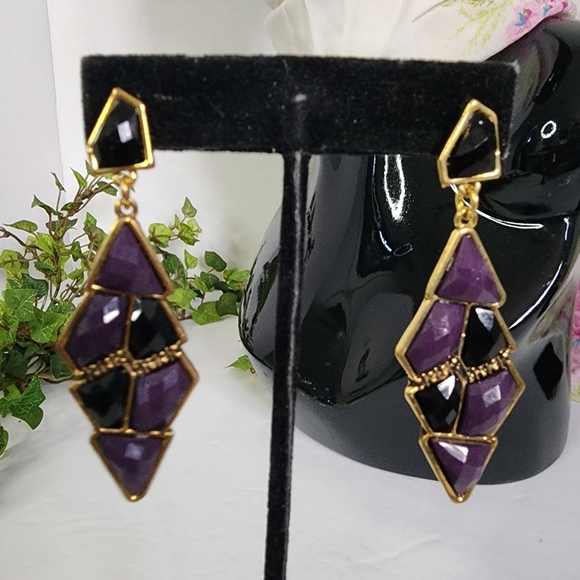 Gold and Purple Geometric Drop Earrings - Picture 3 of 6